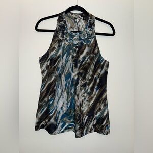 ANN TAYLOR women’s  Silk Earth Tones Print Halter Neck Sleeveless Blouse Sz M ✨